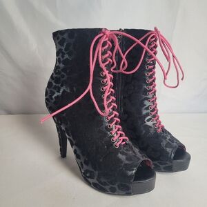 Black Leopard Print Mobwife Whimsigoth Stiletto Open Toe Ankle Botties Size 10